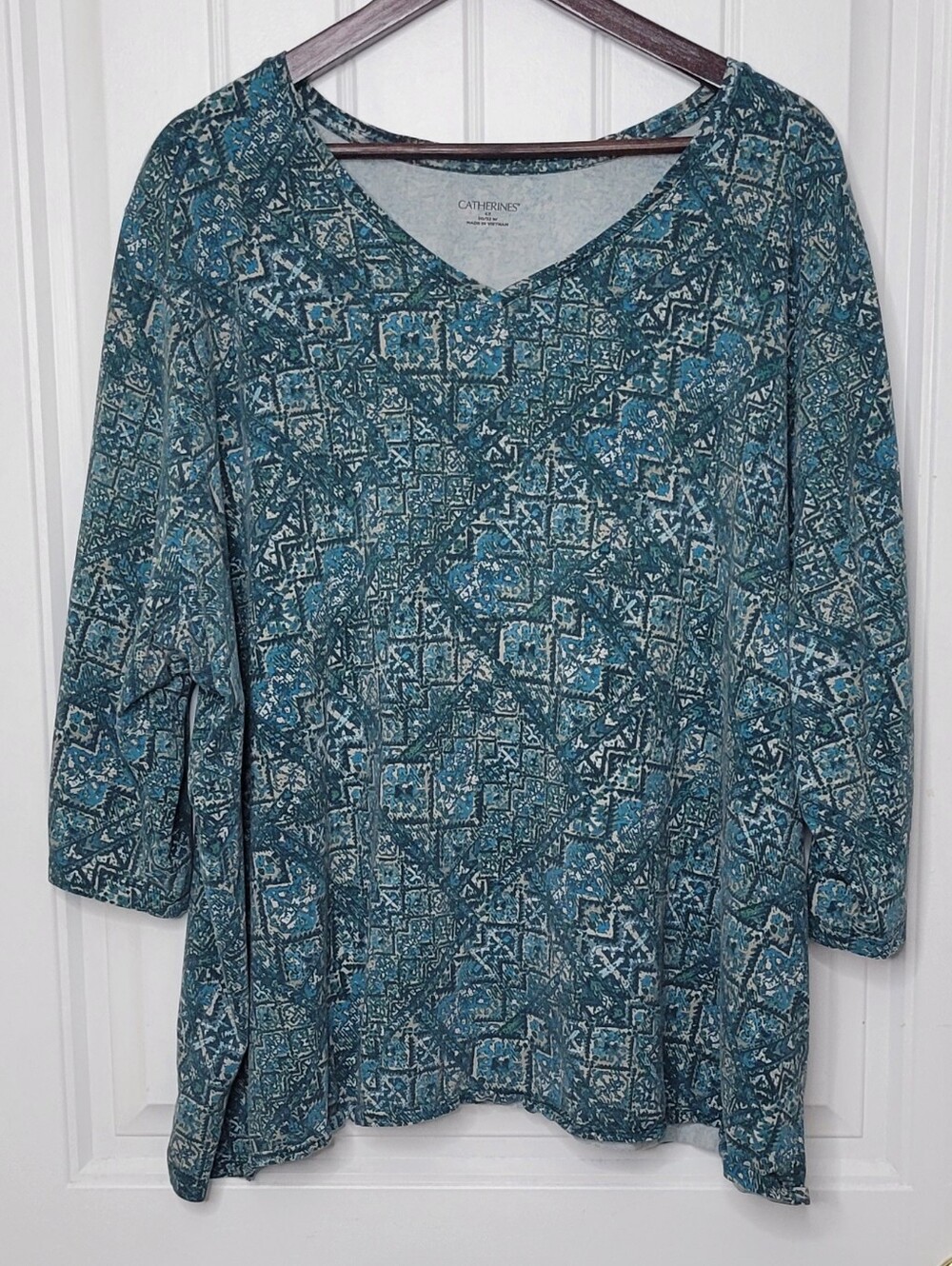 Catherines Teal Mosaic Print V-Neck Top